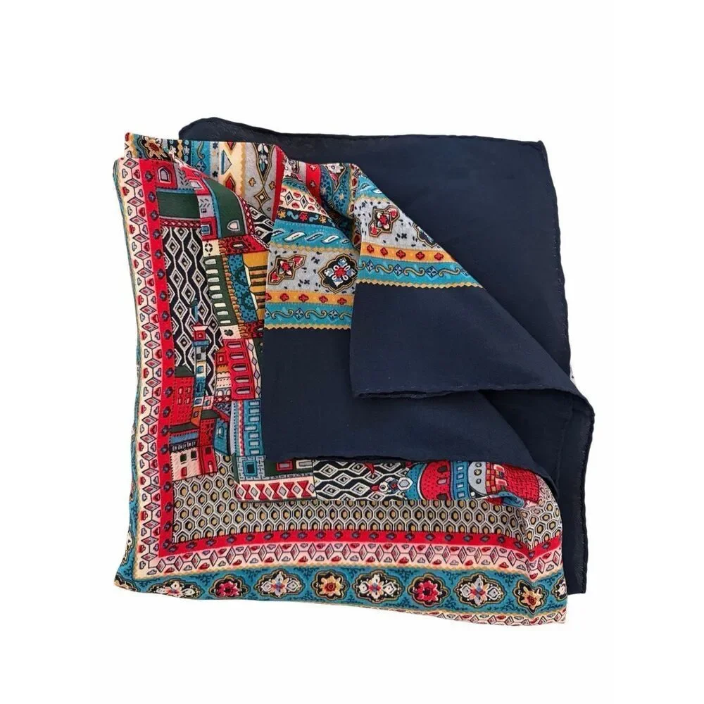 Vintage Vivienne Scenic Silk-Feel Scarf 34” x 34” Blue Cityscape Print Square - Picture 7 of 10